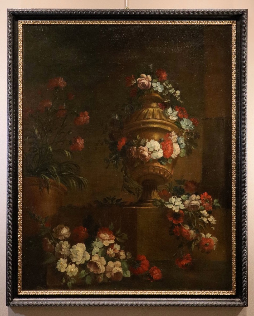 Pietro Francesco Gambone (Torino 1682 - 1737), Composizione di fiori con vaso di gusto classico
