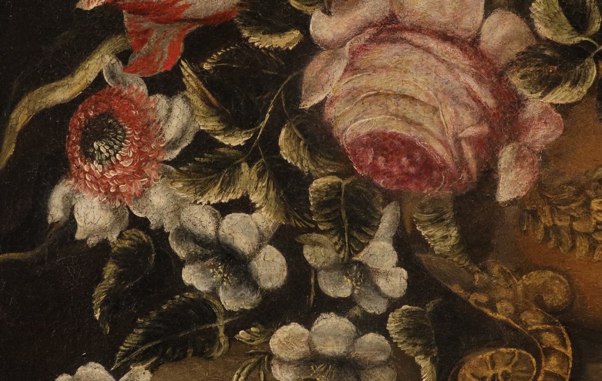 Maestro dei vasi a grottesche (Roma, XVII secolo), Composizione di fiori in vaso rinascimentale-photo-5