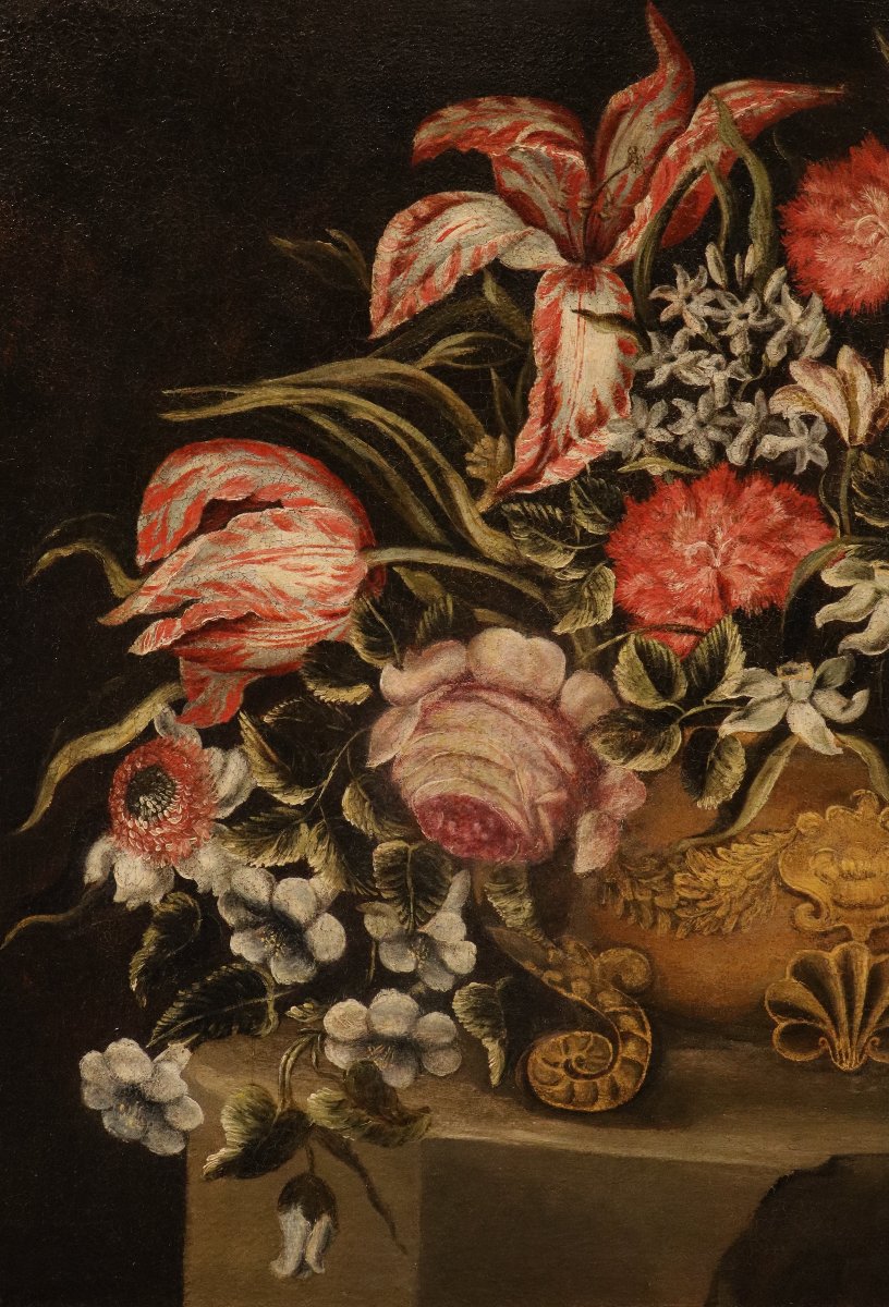 Maestro dei vasi a grottesche (Roma, XVII secolo), Composizione di fiori in vaso rinascimentale-photo-7