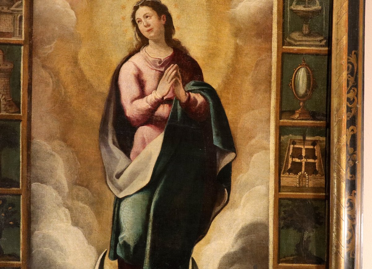 Vergine con simboli delle Litanie Lauretane,  Scuola spagnola XVII secolo-photo-3