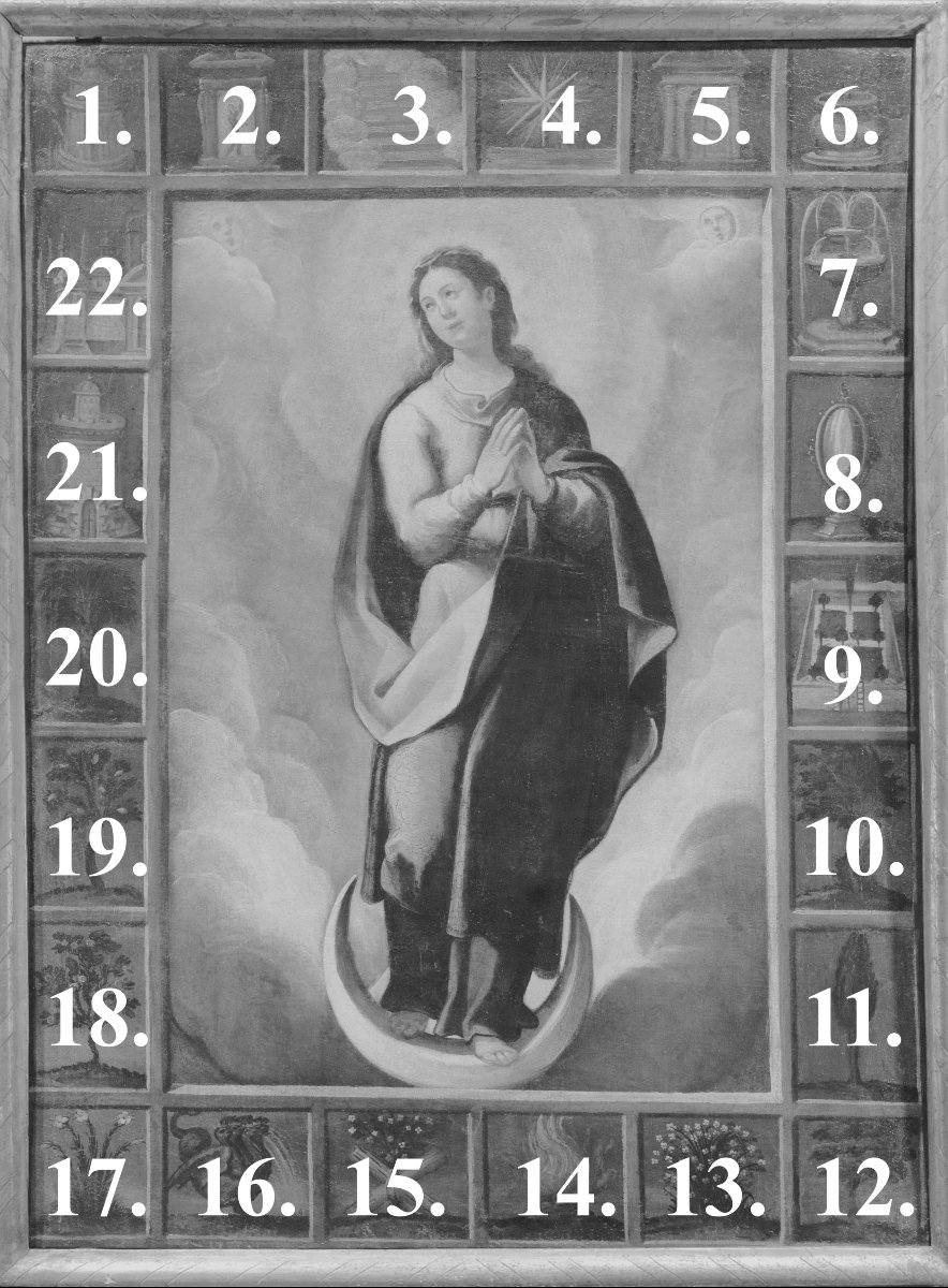 Vergine con simboli delle Litanie Lauretane,  Scuola spagnola XVII secolo-photo-4