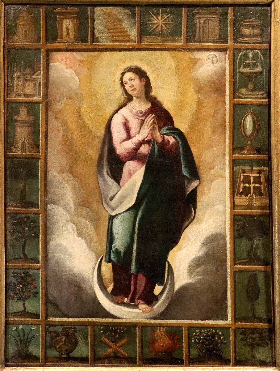 Vergine con simboli delle Litanie Lauretane,  Scuola spagnola XVII secolo-photo-1
