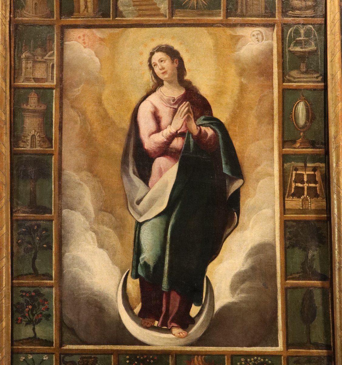 Vergine con simboli delle Litanie Lauretane,  Scuola spagnola XVII secolo-photo-4