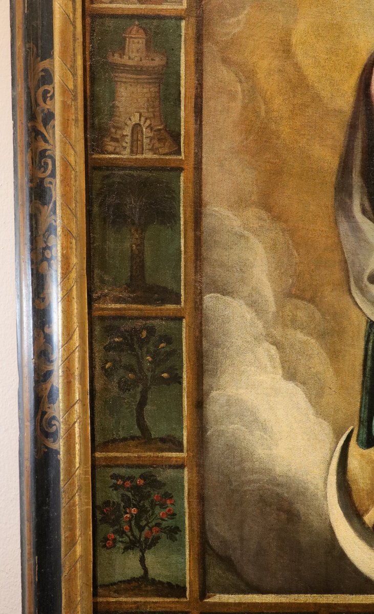Vergine con simboli delle Litanie Lauretane,  Scuola spagnola XVII secolo-photo-5