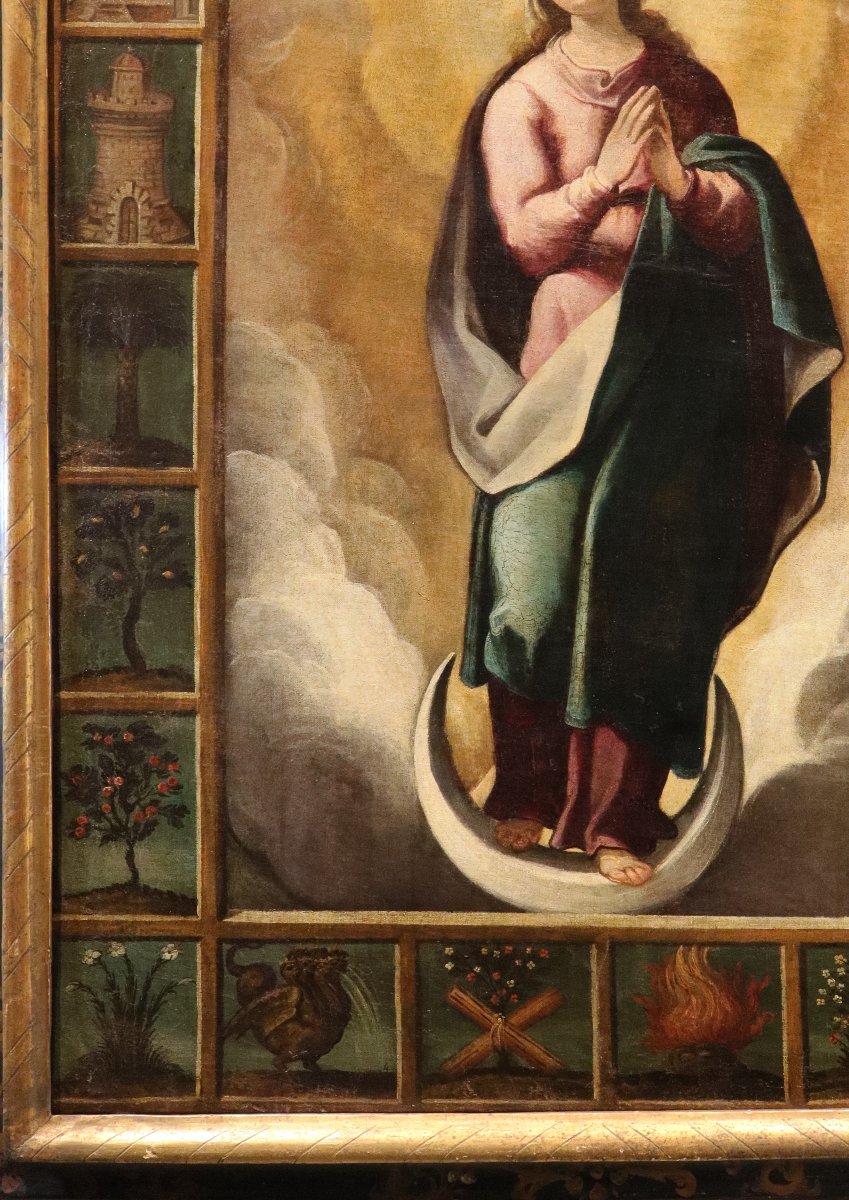 Vergine con simboli delle Litanie Lauretane,  Scuola spagnola XVII secolo-photo-6