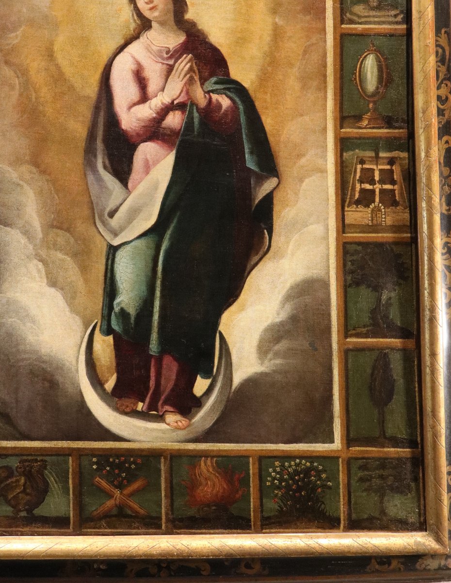 Vergine con simboli delle Litanie Lauretane,  Scuola spagnola XVII secolo-photo-7