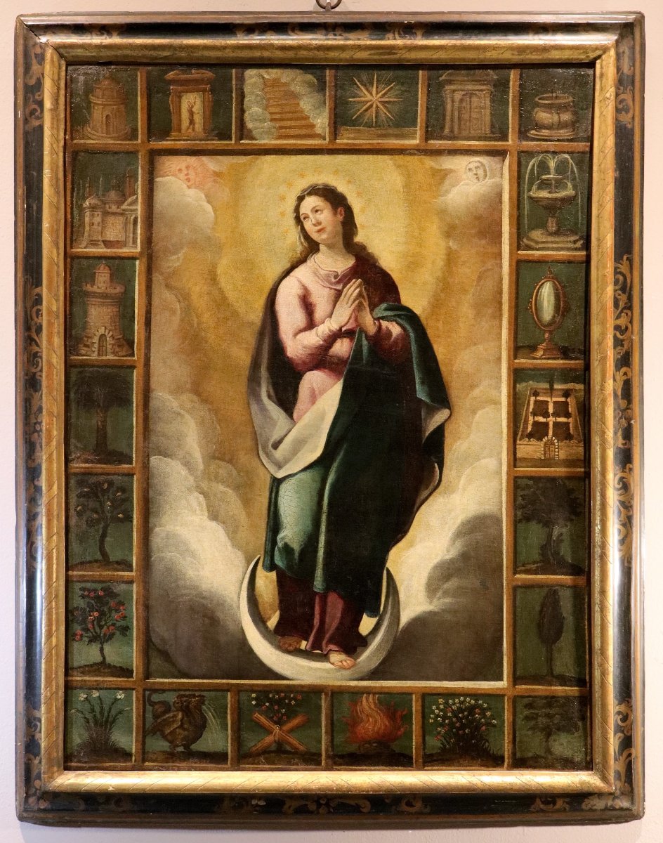 Vergine con simboli delle Litanie Lauretane,  Scuola spagnola XVII secolo
