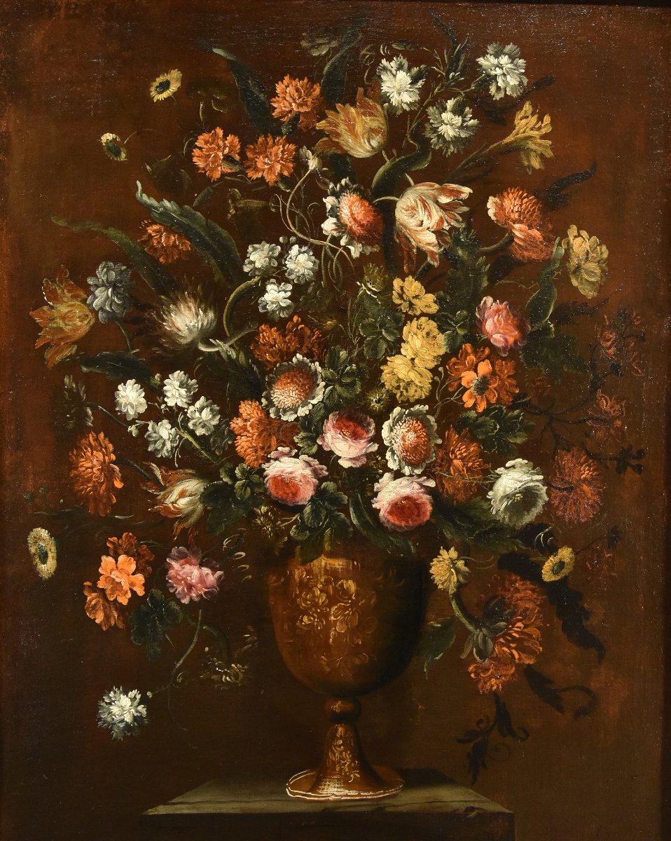 Andrea Scacciati (Firenze 1642–1710) Composizione di fiori entro vaso sbalzato (1 di 3)-photo-3