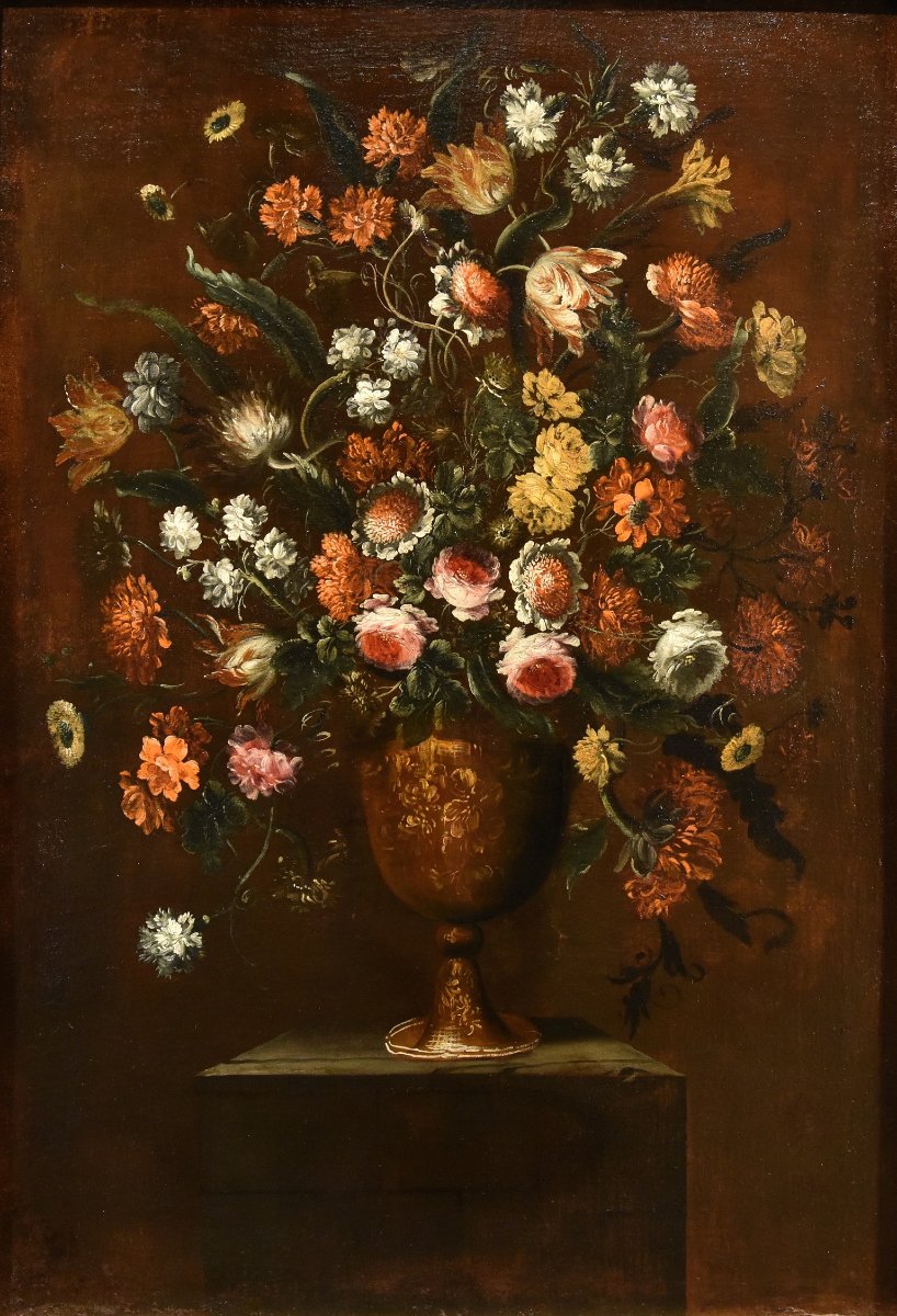 Andrea Scacciati (Firenze 1642–1710) Composizione di fiori entro vaso sbalzato (1 di 3)
