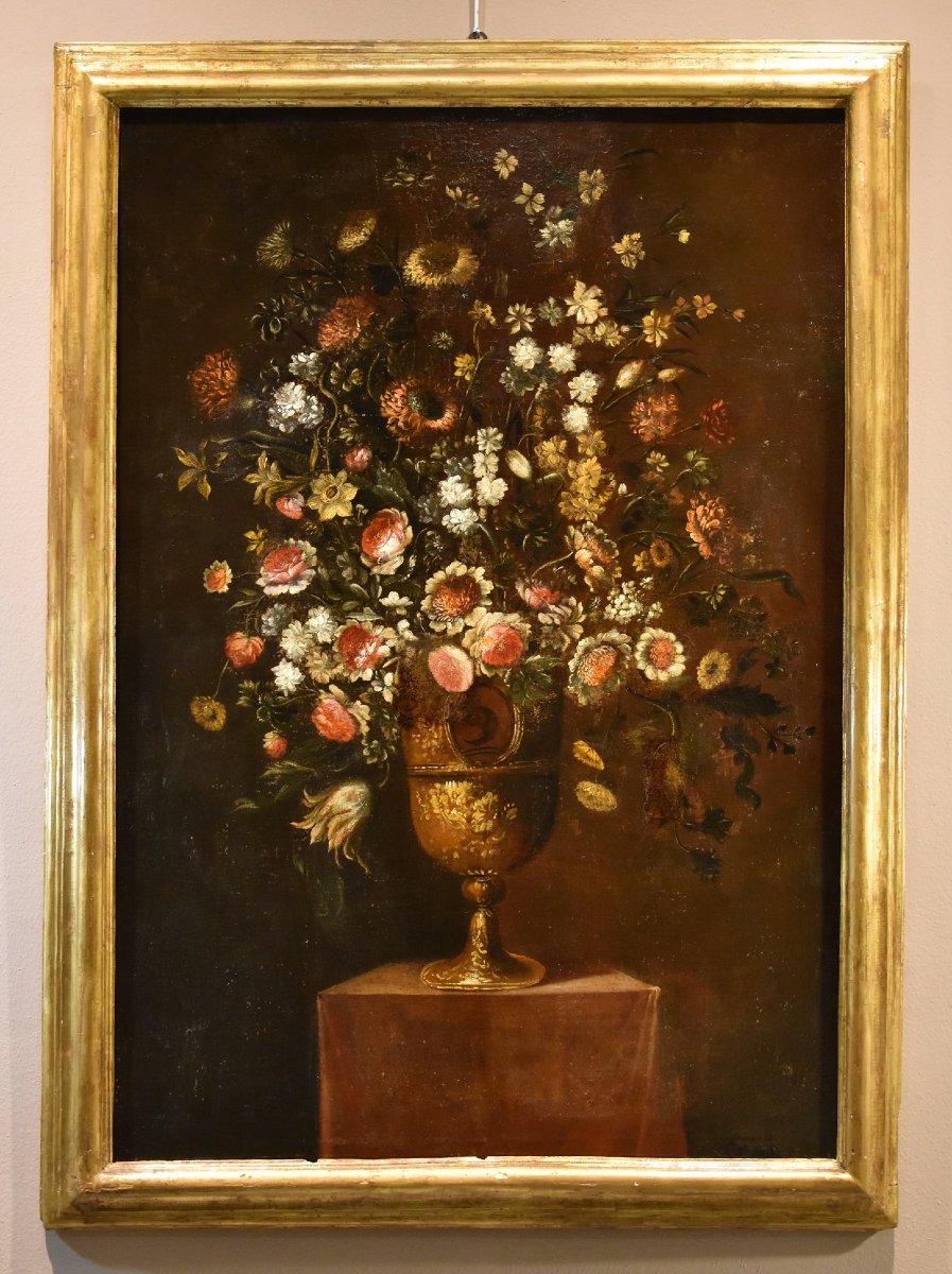 Andrea Scacciati (Firenze 1642 – 1710) Composizione di fiori entro vaso sbalzato (2 di 3)-photo-2