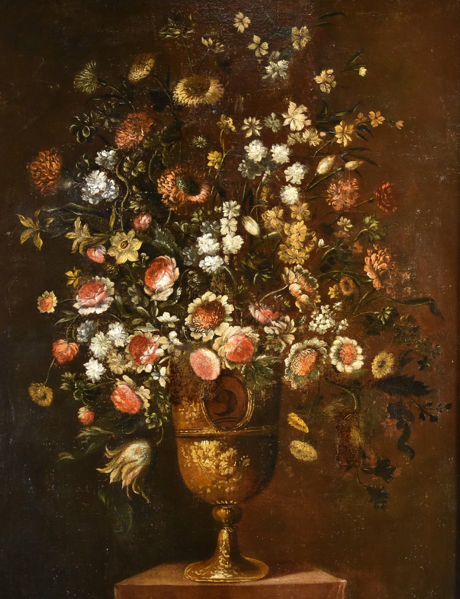 Andrea Scacciati (Firenze 1642 – 1710) Composizione di fiori entro vaso sbalzato (2 di 3)-photo-4
