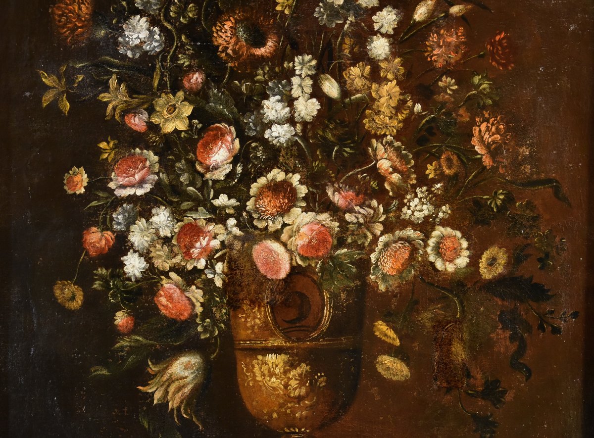 Andrea Scacciati (Firenze 1642 – 1710) Composizione di fiori entro vaso sbalzato (2 di 3)-photo-1
