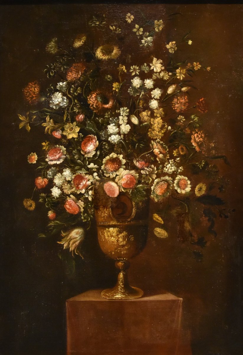 Andrea Scacciati (Firenze 1642 – 1710) Composizione di fiori entro vaso sbalzato (2 di 3)