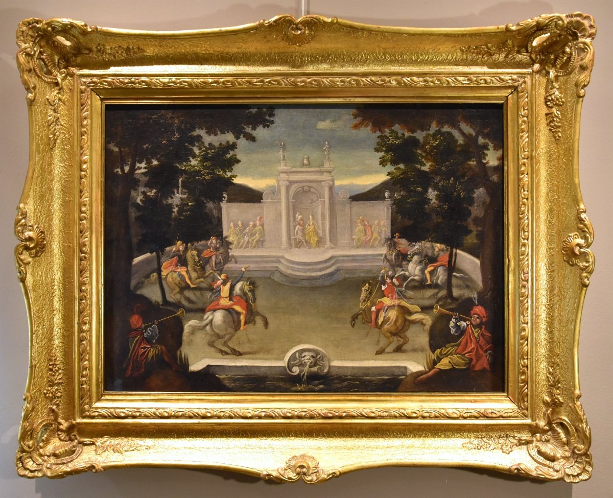 Giardino rinascimentale con festa cavalleresca, Isaac de Moucheron (Amsterdam 1667-1744) cerc