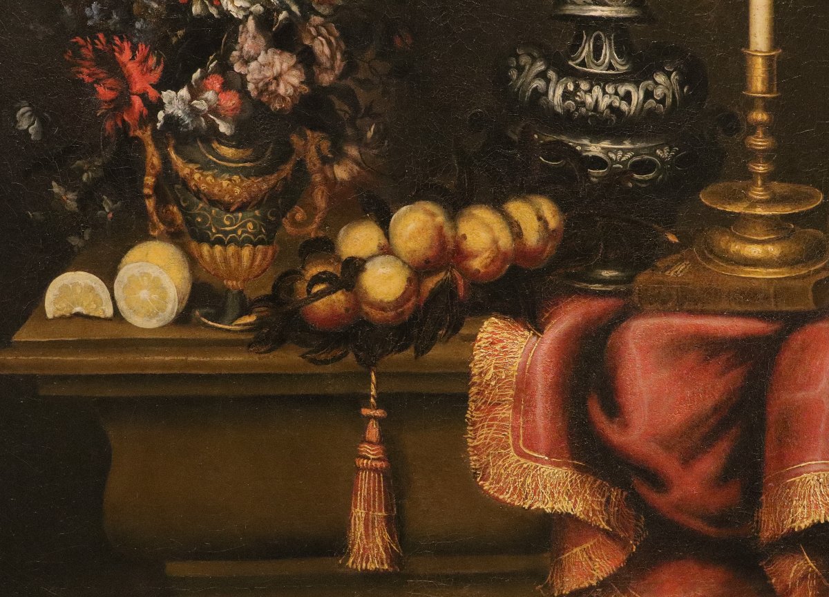 Antonio Tibaldi (Roma 1635 - 1675), Natura morta con vaso di fiori, frutta ed oggetti preziosi-photo-3