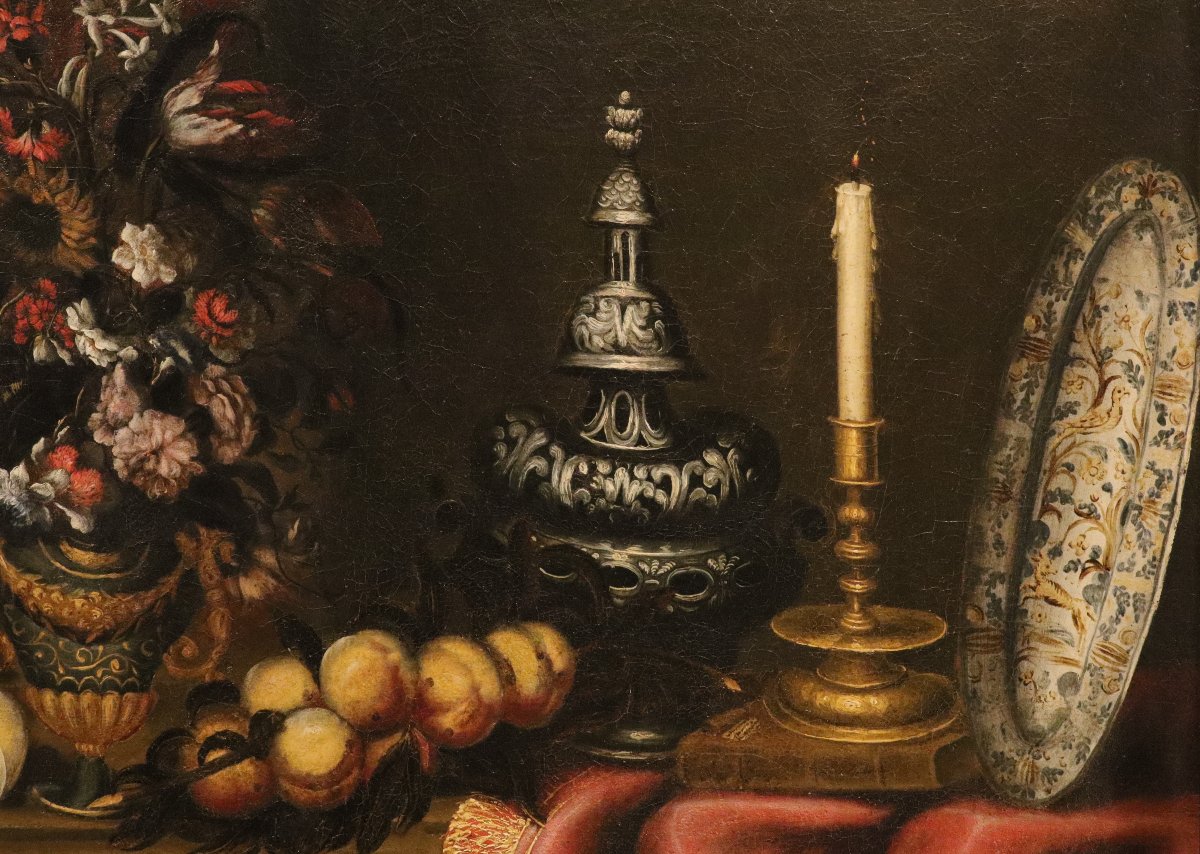 Antonio Tibaldi (Roma 1635 - 1675), Natura morta con vaso di fiori, frutta ed oggetti preziosi-photo-4