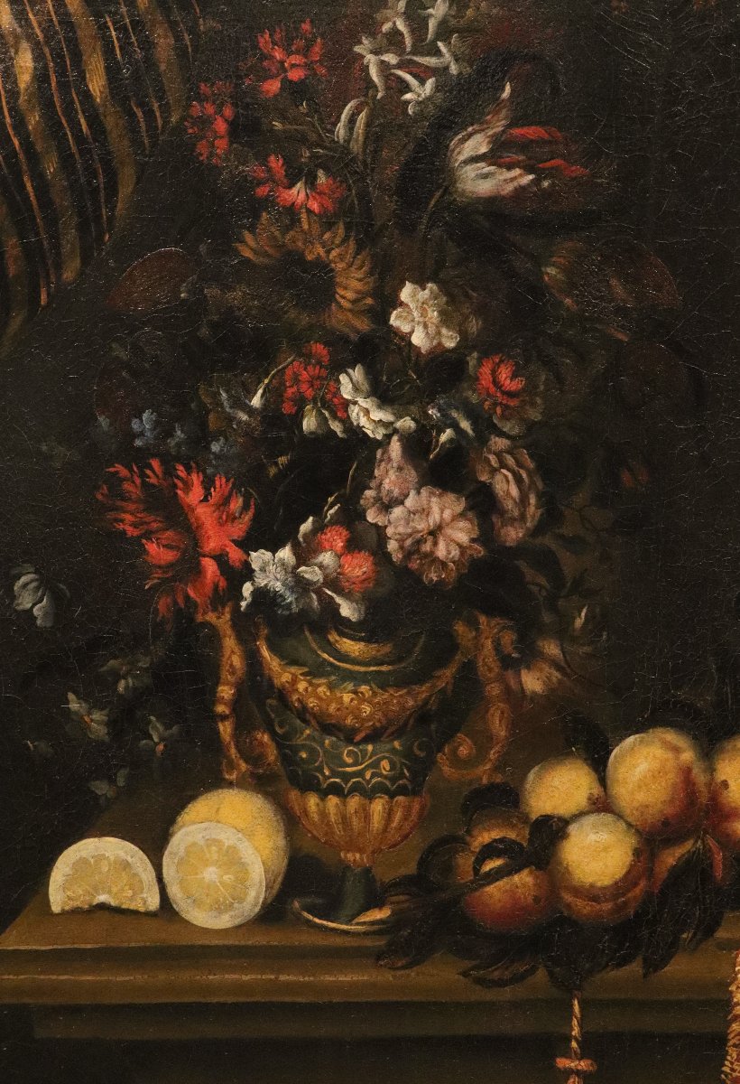 Antonio Tibaldi (Roma 1635 - 1675), Natura morta con vaso di fiori, frutta ed oggetti preziosi-photo-1