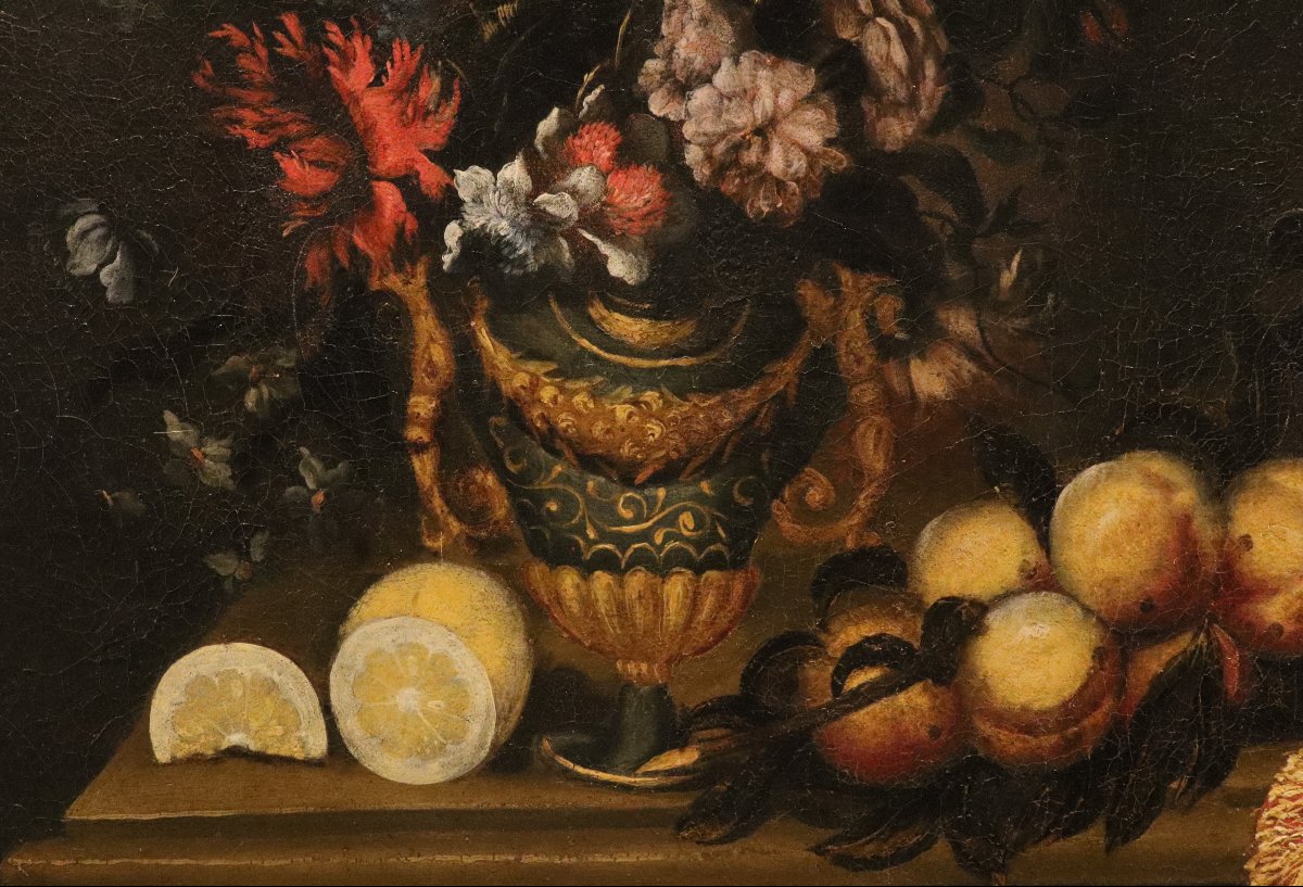 Antonio Tibaldi (Roma 1635 - 1675), Natura morta con vaso di fiori, frutta ed oggetti preziosi-photo-3