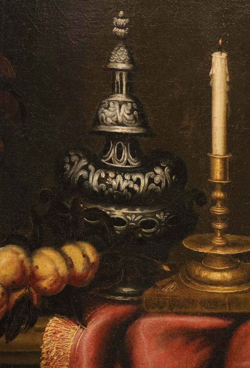 Antonio Tibaldi (Roma 1635 - 1675), Natura morta con vaso di fiori, frutta ed oggetti preziosi-photo-5