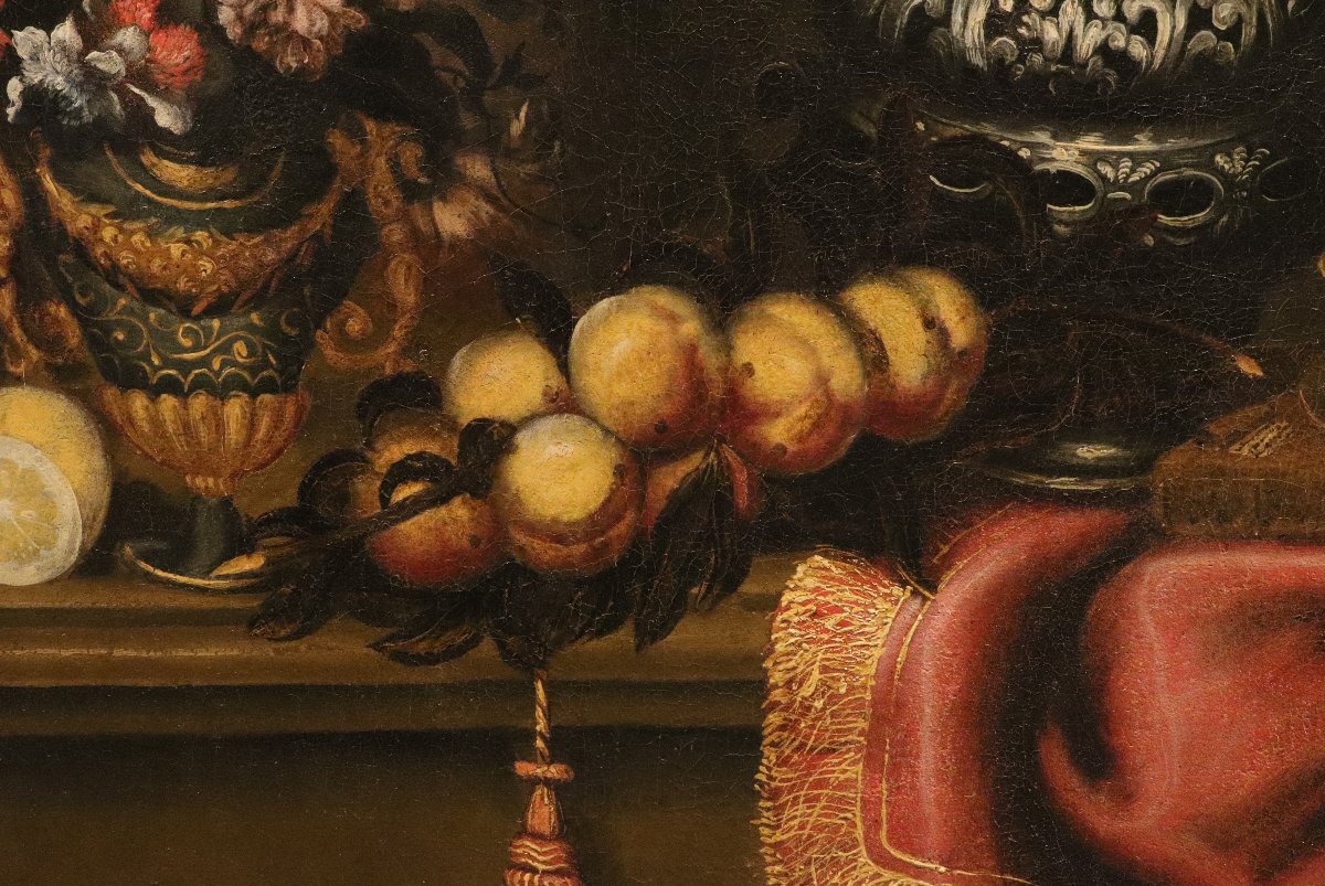 Antonio Tibaldi (Roma 1635 - 1675), Natura morta con vaso di fiori, frutta ed oggetti preziosi-photo-7