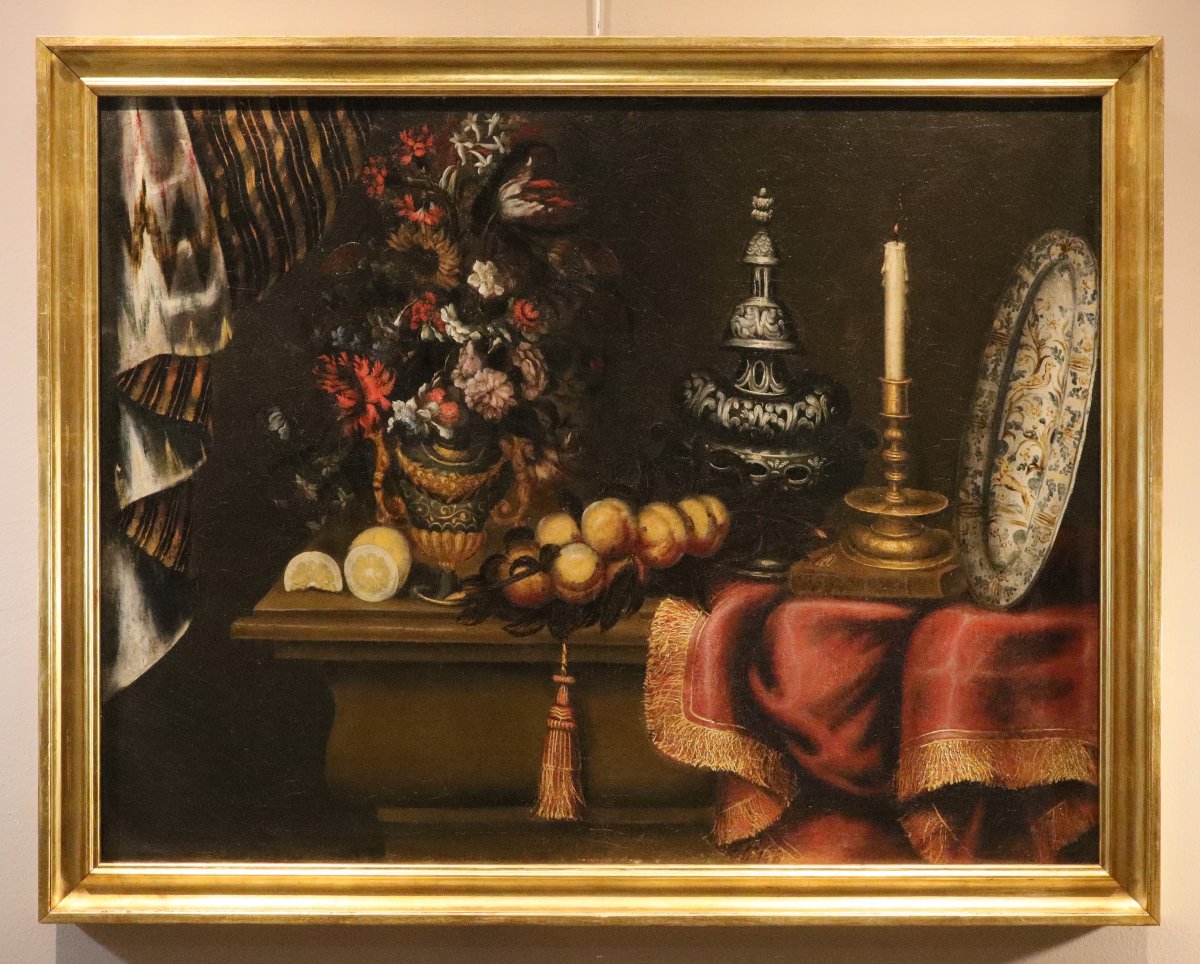 Antonio Tibaldi (Roma 1635 - 1675), Natura morta con vaso di fiori, frutta ed oggetti preziosi