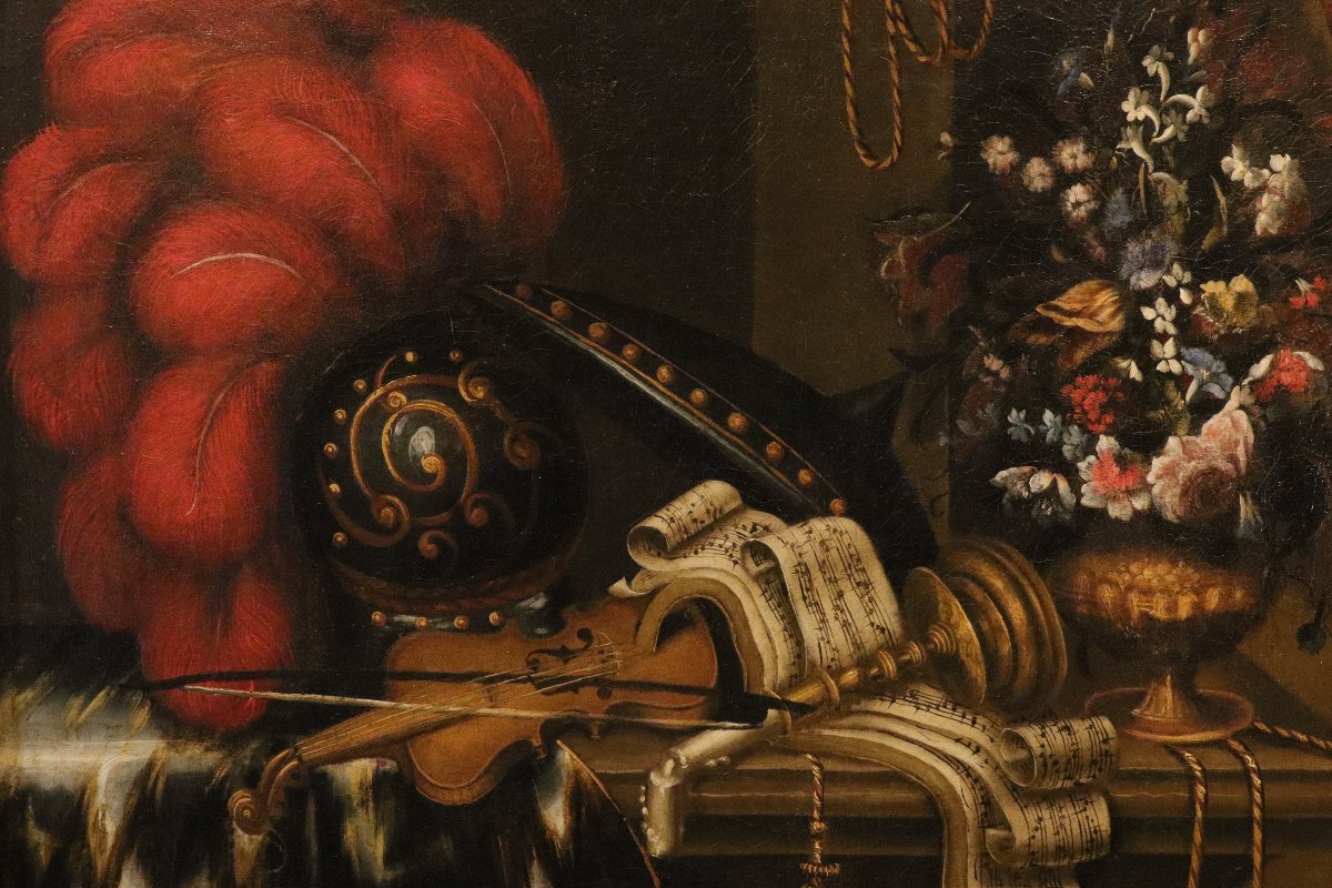 Antonio Tibaldi (Roma, 1635 c. - post 1675),Natura morta con armatura, violino, spartito...-photo-3