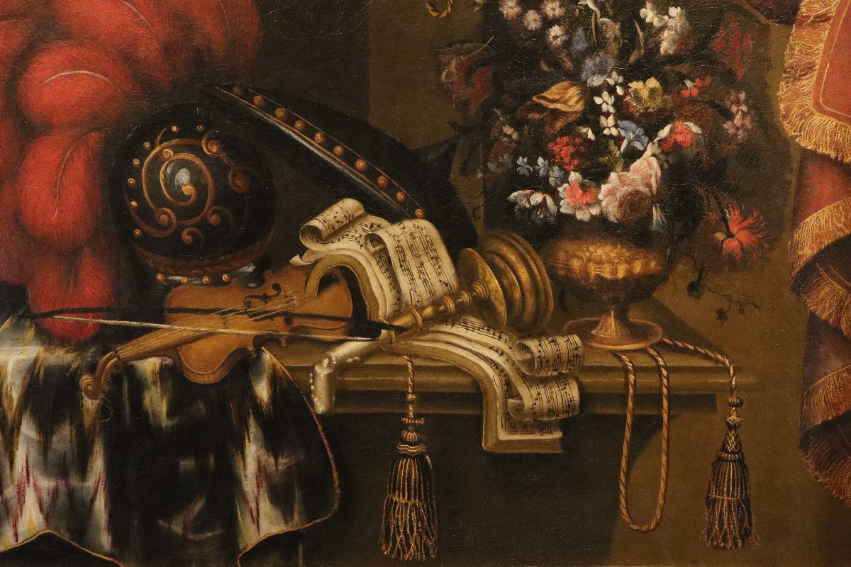 Antonio Tibaldi (Roma, 1635 c. - post 1675),Natura morta con armatura, violino, spartito...-photo-4