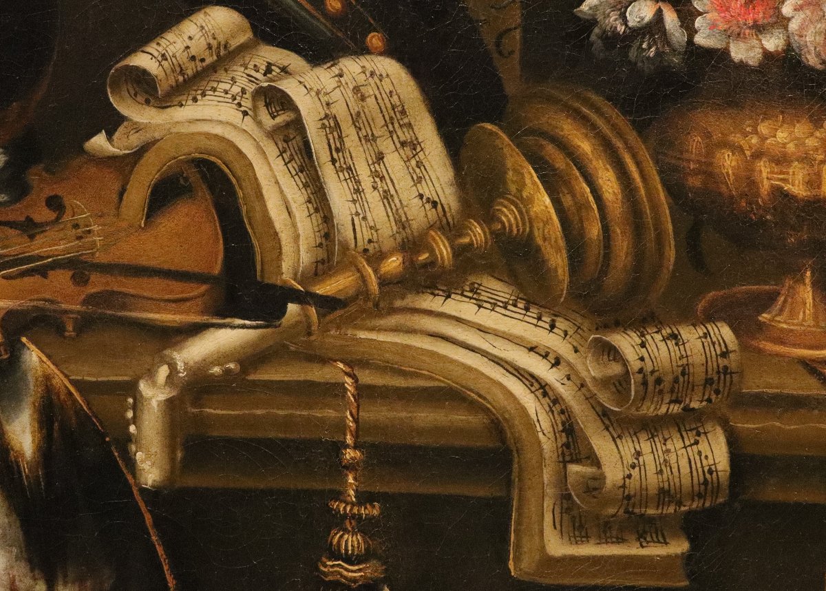 Antonio Tibaldi (Roma, 1635 c. - post 1675),Natura morta con armatura, violino, spartito...-photo-2