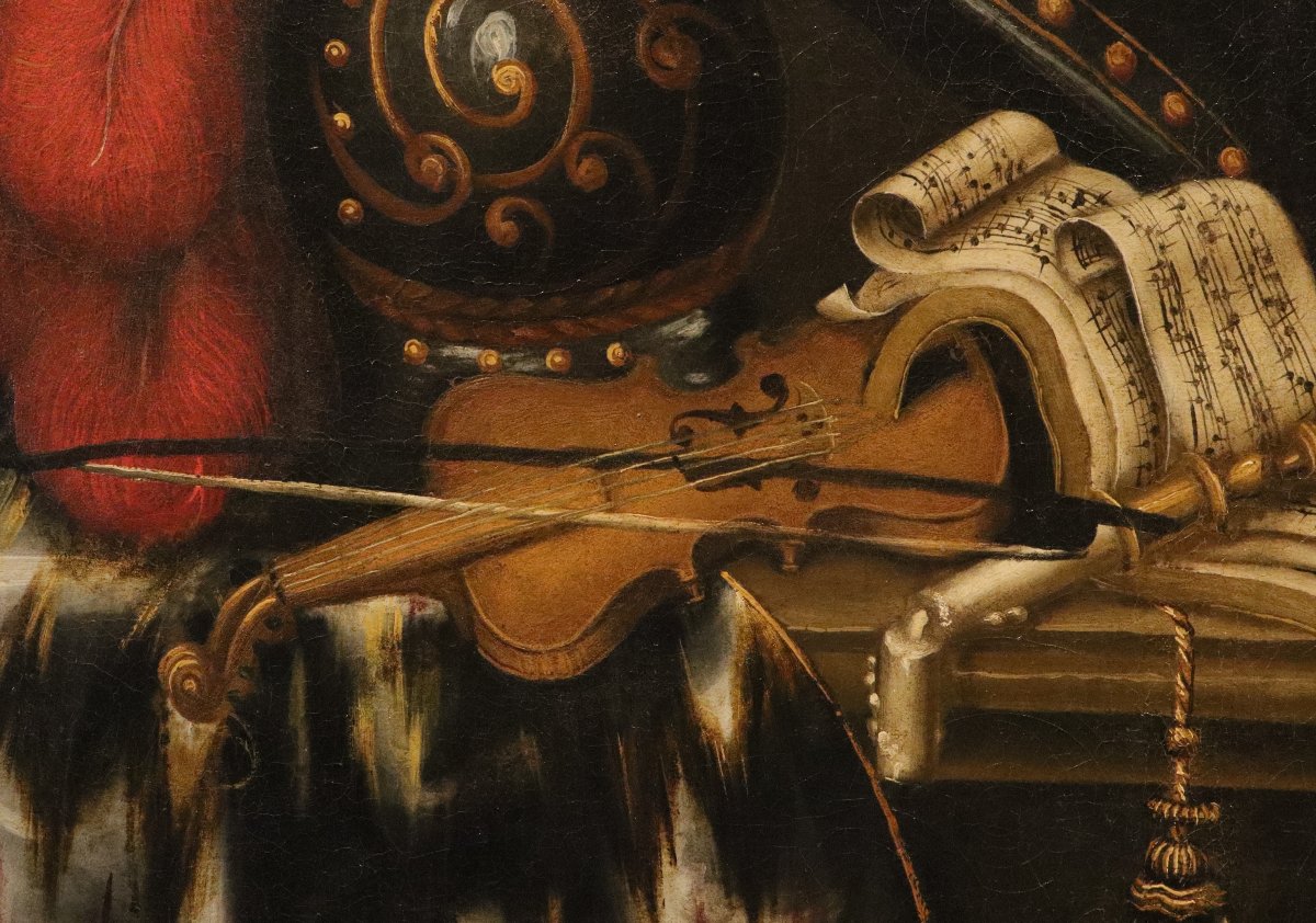 Antonio Tibaldi (Roma, 1635 c. - post 1675),Natura morta con armatura, violino, spartito...-photo-3