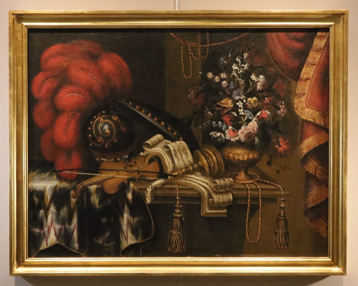 Antonio Tibaldi (Roma, 1635 c. - post 1675),Natura morta con armatura, violino, spartito...