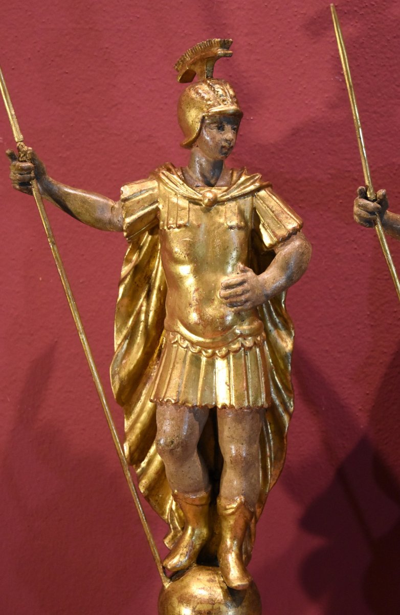 Coppia di soldati romani in legno dorato, Roma XVIII secolo-photo-3