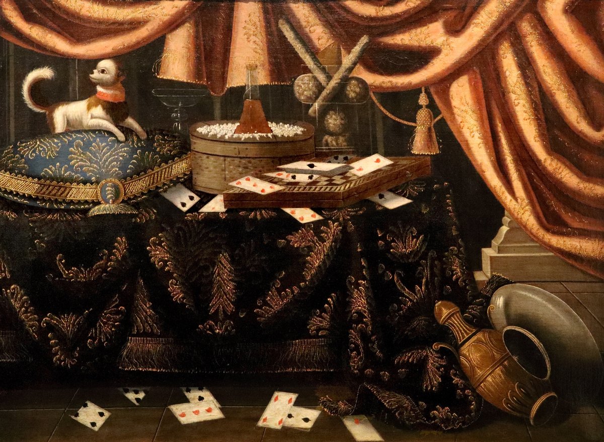 Francesco Noletti (Malta, 1611 – Roma, 1654), Natura morta con carte da gioco, cagnolino ...-photo-2