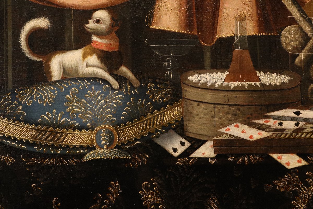 Francesco Noletti (Malta, 1611 – Roma, 1654), Natura morta con carte da gioco, cagnolino ...-photo-3