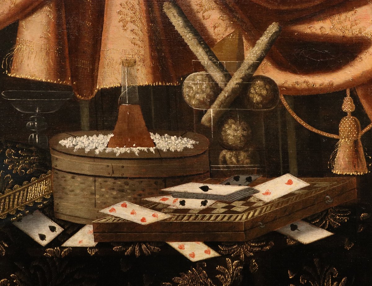Francesco Noletti (Malta, 1611 – Roma, 1654), Natura morta con carte da gioco, cagnolino ...-photo-4
