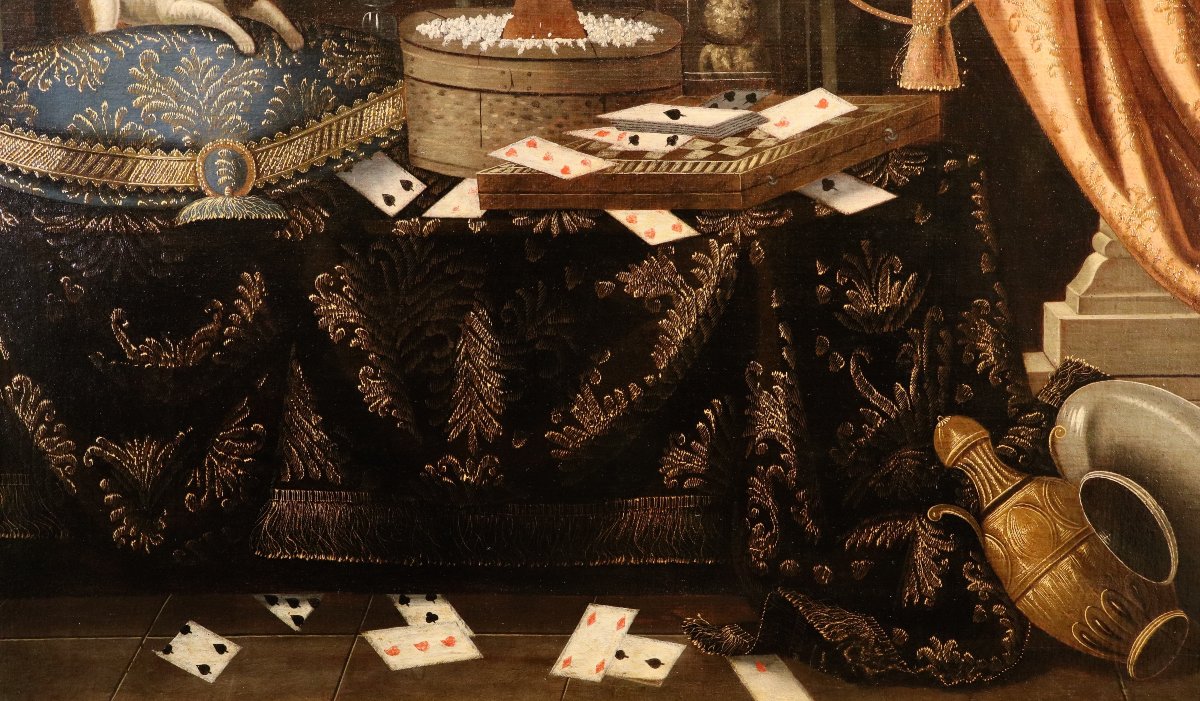 Francesco Noletti (Malta, 1611 – Roma, 1654), Natura morta con carte da gioco, cagnolino ...-photo-3