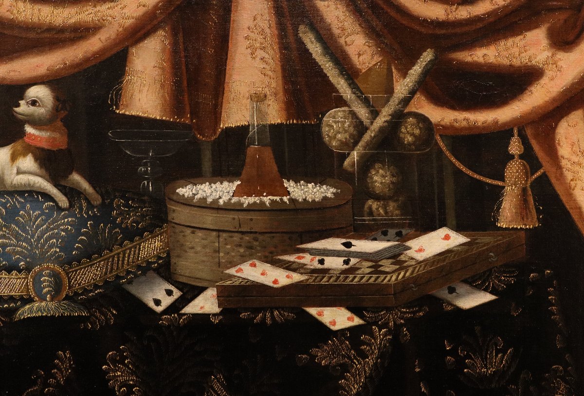 Francesco Noletti (Malta, 1611 – Roma, 1654), Natura morta con carte da gioco, cagnolino ...-photo-5
