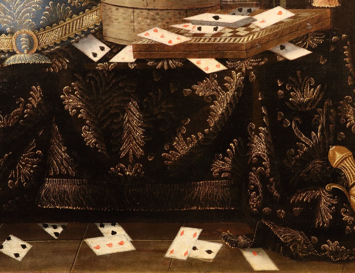 Francesco Noletti (Malta, 1611 – Roma, 1654), Natura morta con carte da gioco, cagnolino ...-photo-6