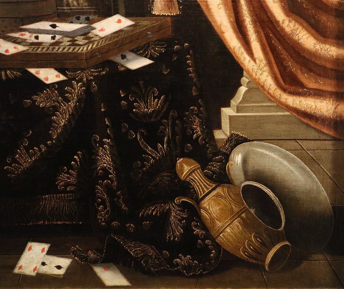 Francesco Noletti (Malta, 1611 – Roma, 1654), Natura morta con carte da gioco, cagnolino ...-photo-7