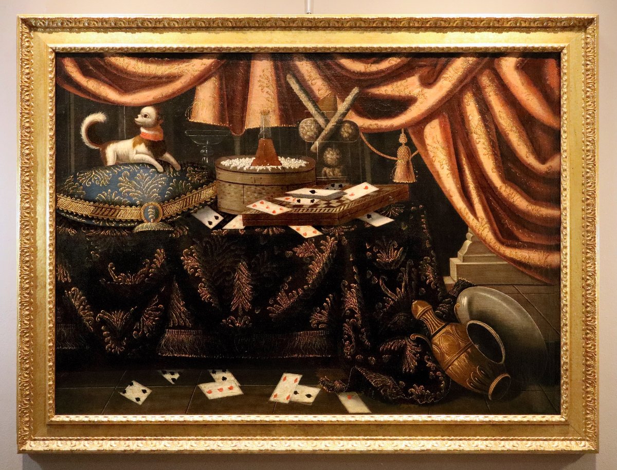 Francesco Noletti (Malta, 1611 – Roma, 1654), Natura morta con carte da gioco, cagnolino ...