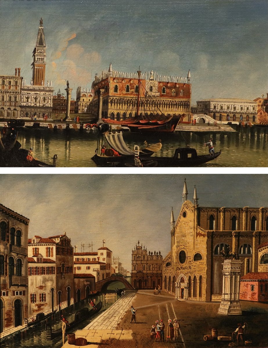 Coppia di vedute di Venezia, Seguace di Canaletto (Venezia, 1697 - 1768)