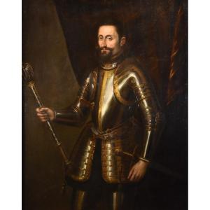 Ritratto ufficiale di cavaliere in armatura, Pittore tizianesco della fine del ‘500