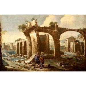 Paesaggio con rovine e scena biblica, Antonio Travi, detto il Sestri (Sestri Ponente 1608 - Gen