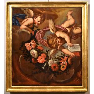 Coppia di angeli con festone floreale, Carlo Maratta (Camerano, 1625 - Roma, 1713) Bottega di 