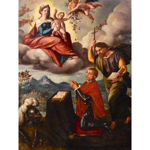 Madonna con Bambino, San Giacomo e il donatore, Ippolito Scarsella (Ferrara, 1550 - 1620) bottega