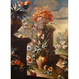 Francesco Lavagna (Napoli, 1684 - 1724),  Natura morta di fiori in un giardino (2)