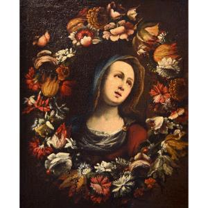 Ghirlanda di fiori con ritratto della Vergine