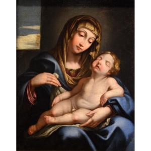 Madonna con il bambino dormiente, Giovan Battista Salvi (1609 - 1685) Cerchia