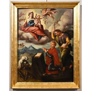 Madonna con Bambino, San Giacomo e il donatore, Ippolito Scarsella (Ferrara, 1550 - 1620) botte