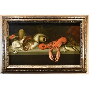 Alexander van Adriaenssen (Anversa, 1587 - 1661), Natura morta con ostriche, pesci ed astici