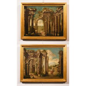 Coppia di capricci con rovine classiche, Niccolò Codazzi (Napoli 1642 - Genova 1693) seguace